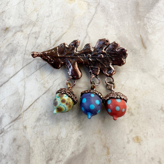 Glass and Copper Acorn Brooch - The Glass Acorn